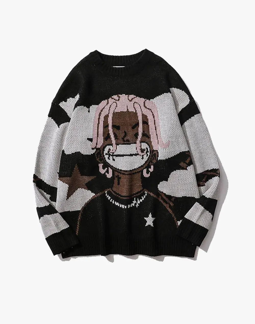 Cartoon Portrait Knit Sweater - Cyber Y2K Shop - High Street Pink