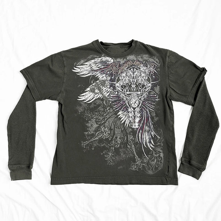 Maemukilabe E-girl Coss Wings Print T-shirt Skull Graphic Long Sleeve Tees Cyber Grunge Y2K 00s Vintage Baggy Top Gothic Clothes High Street Pink