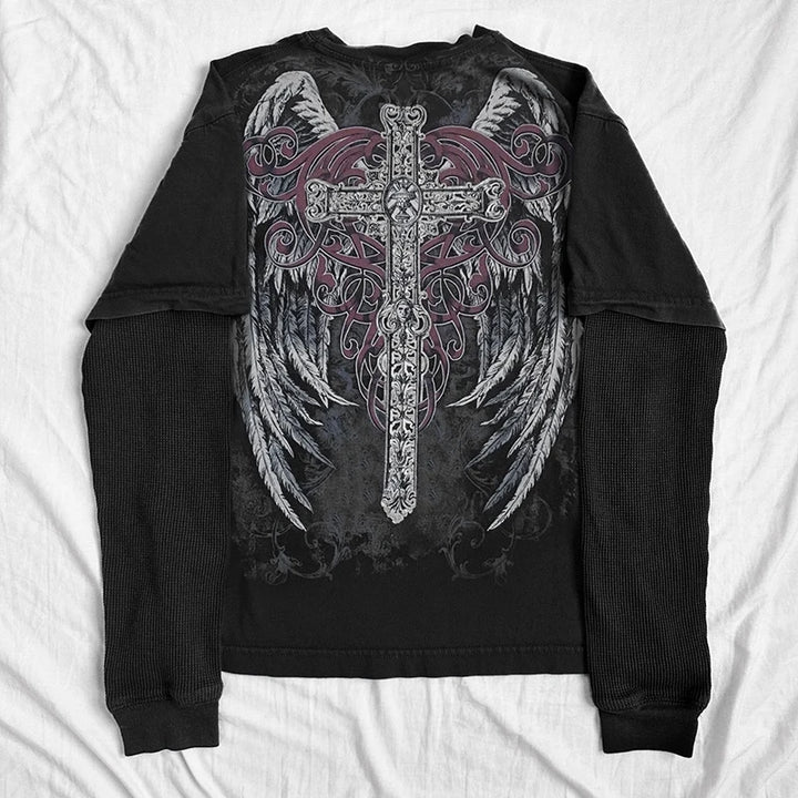 Maemukilabe E-girl Coss Wings Print T-shirt Skull Graphic Long Sleeve Tees Cyber Grunge Y2K 00s Vintage Baggy Top Gothic Clothes High Street Pink