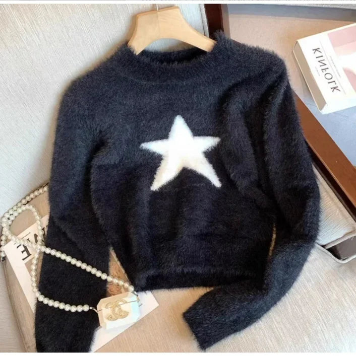 2023 Harajuku Star Cropped Sweater Women Vintage Oversized Knitted Jumper Korean Casual Chic Pullover Tops Y2K Clothes 2000s High Street Pink