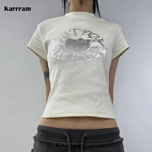 Karrram Grunge Aesthetics Crop Tops Cyber Y2k Graphic T-shirt Japanese Harajuku Anime Print Tee Shirt Korean Vintage Streetwear High Street Pink