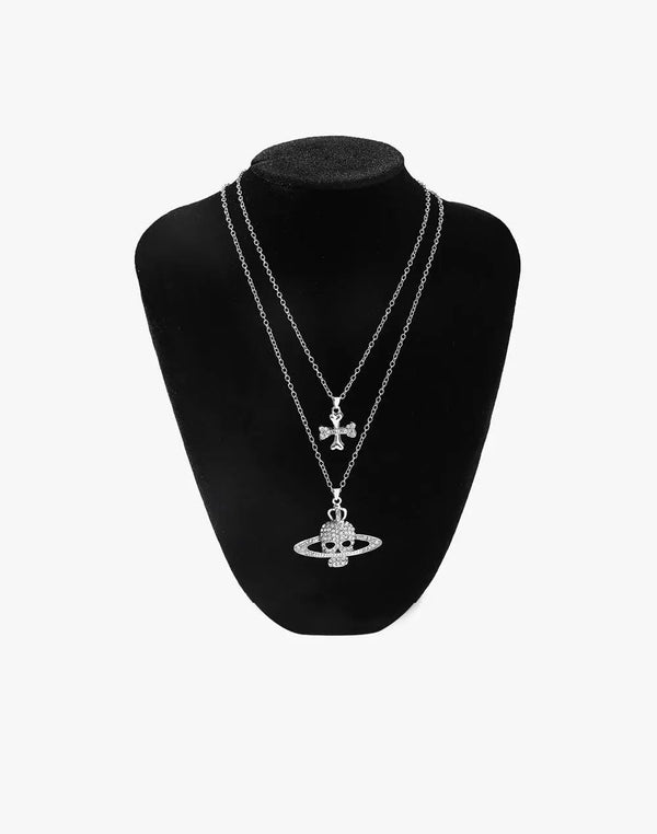 Cross and Skull Saturn Double Layer Necklace High Street Pink