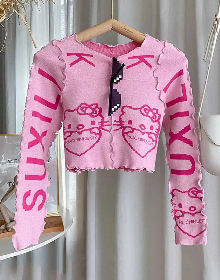 Kawaii Kitty Pink Long Sleeve Sweater High Street Pink