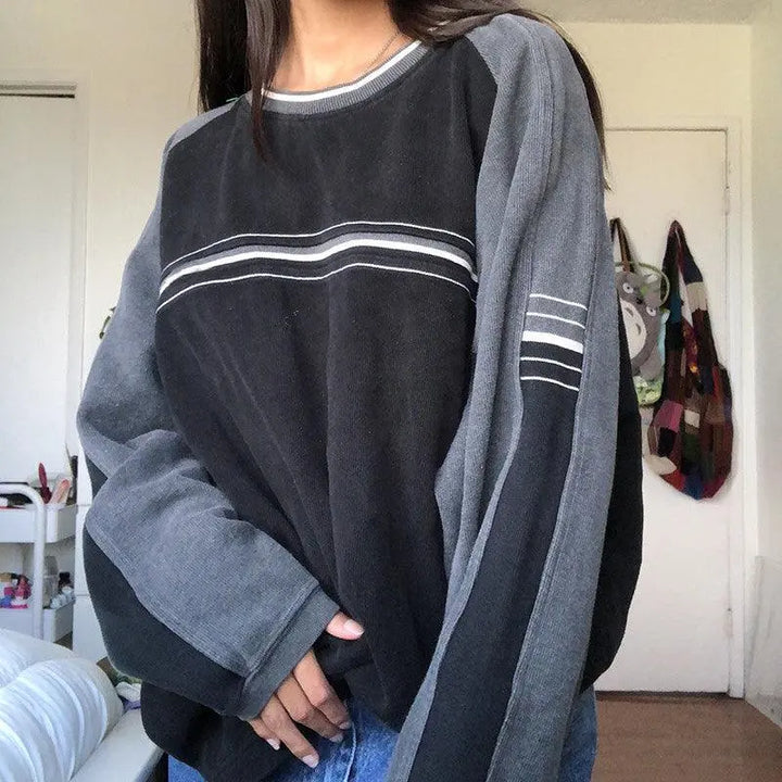 Retro Black and Gray Striped Loose Sweater High Street Pink