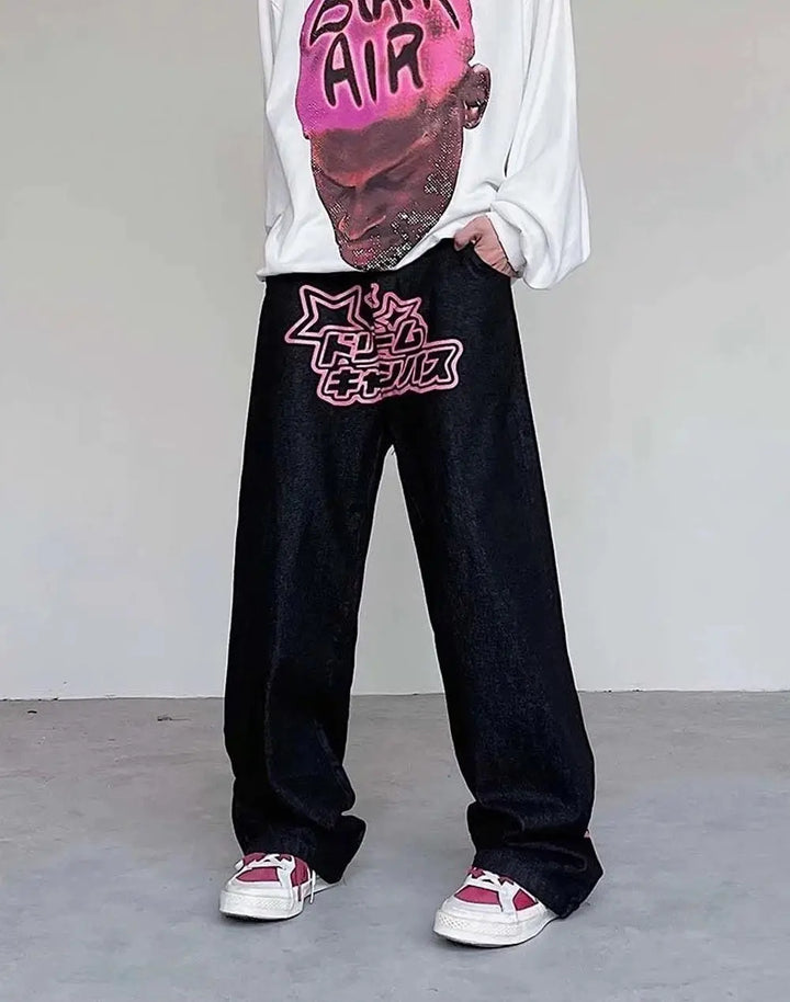 Y2K Stars Graphic Jeans High Street Pink
